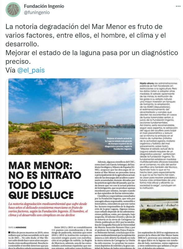 Tuit de la Fundación Ingenio tratando de colar como una noticia de El País el publirreportaje que han pagado,